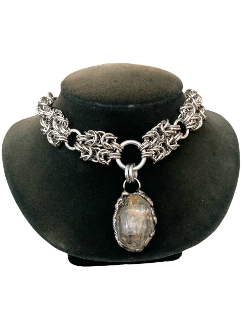 Raw Smoky herkimer diamond crystal on handmade maille stainless steel chain - Picture 2 of 14